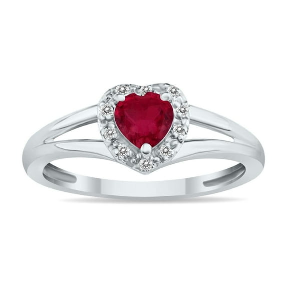SZUL Women's Heart Shape Ruby and Diamond Ring in 10K White Gold