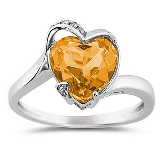 SZUL Women's Heart Shaped Citrine and Diamond Curve Ring in 14K White Gold