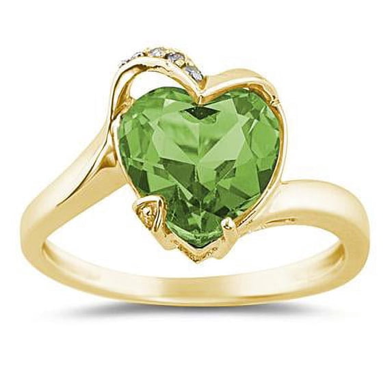 SZUL Women's Heart Shaped Peridot and Diamond Curve Ring in 14K Yellow Gold