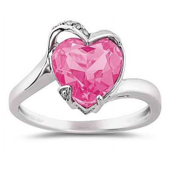 SZUL Women's Heart Shaped Pink Topaz and Diamond Ring in 14K White Gold