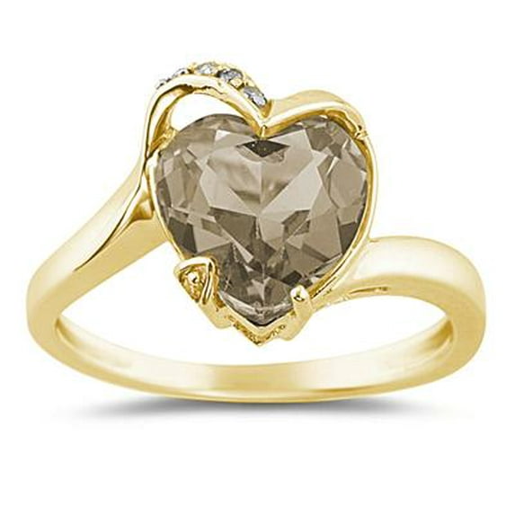 SZUL Women's Heart Shaped Smokey Quartz and Diamond Curve Ring in 14K Yellow Gold