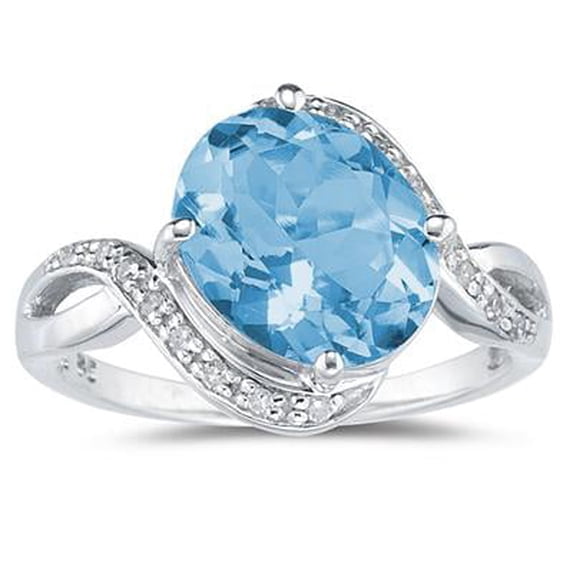 SZUL Women's Oval Shaped Blue Topaz and Diamond Curve Ring in 10K White Gold