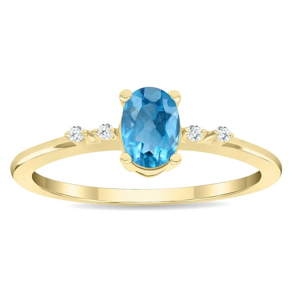 SZUL Women's Oval Shaped Blue Topaz and Diamond Sparkle Ring in 10K Yellow Gold