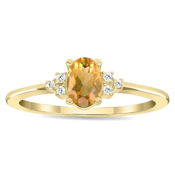 SZUL Women's Oval Shaped Citrine and Diamond Half Moon Ring in 10K Yellow Gold