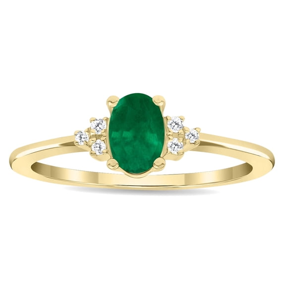 SZUL Women's Oval Shaped Emerald and Diamond Half Moon Ring in 10K Yellow Gold
