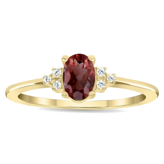 SZUL Women's Oval Shaped Garnet and Diamond Half Moon Ring in 10K Yellow Gold