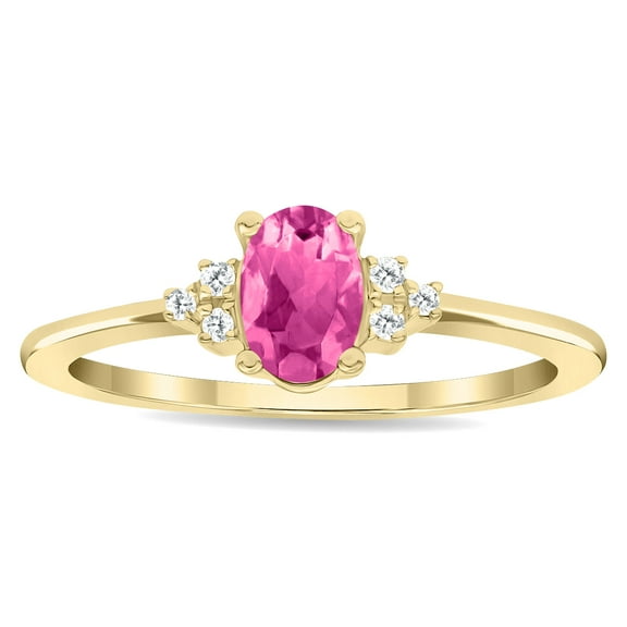 SZUL Women's Oval Shaped Pink Topaz and Diamond Half Moon Ring in 10K Yellow Gold