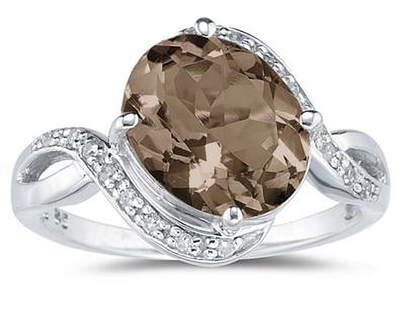 SZUL Women's Oval Shaped Smokey Quartz and Diamond Curve Ring in