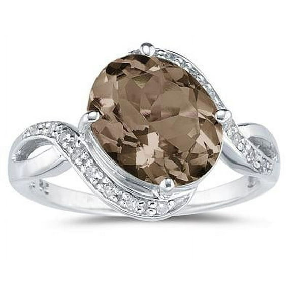 SZUL Women's Oval Shaped Smokey Quartz and Diamond Curve Ring in 10K White Gold