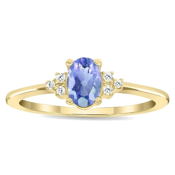 SZUL Women's Oval Shaped Tanzanite and Diamond Half Moon Ring in 10K Yellow Gold