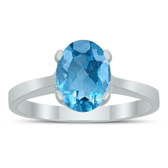 SZUL Women's Oval Solitaire 8X6MM Blue Topaz Ring in 10K White Gold