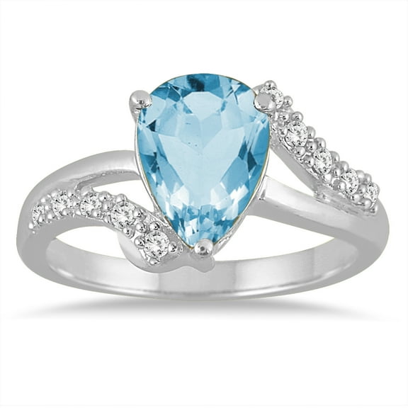 SZUL Women's Pear Shaped Blue Topaz and Diamond Ring in 10K White Gold