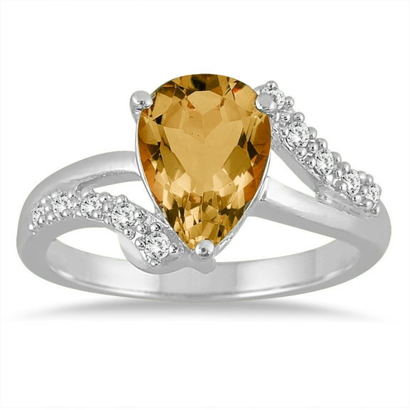 SZUL Women's Pear Shaped Citrine and Diamond Ring in 10K White Gold