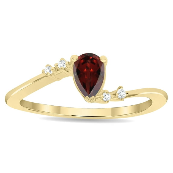 SZUL Women's Pear Shaped Garnet and Diamond Wave Ring in 10K Yellow Gold