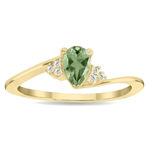 SZUL Women's Pear Shaped Green Amethyst and Diamond Tierra Ring in 10K Yellow Gold