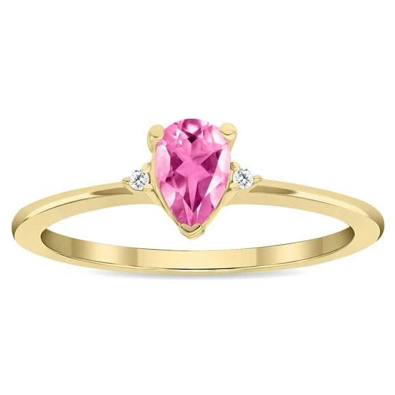 SZUL Women's Pear Shaped Pink Topaz and Diamond Classic Band in 10K Yellow Gold