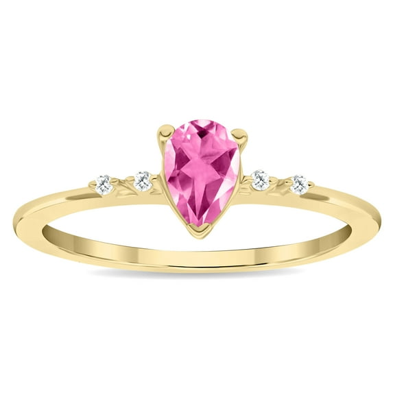 SZUL Women's Pear Shaped Pink Topaz and Diamond Sparkle Ring in 10K Yellow Gold