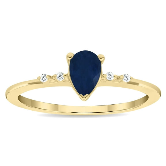 SZUL Women's Pear Shaped Sapphire and Diamond Sparkle Ring in 10K Yellow Gold