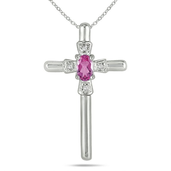 SZUL Women's Pink Sapphire and Diamond Cross Pendant 10k White Gold