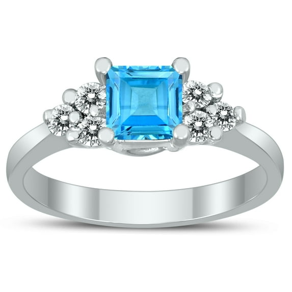 SZUL Women's Princess Cut 5X5MM Blue Topaz and Diamond Duchess Ring in 10K White Gold