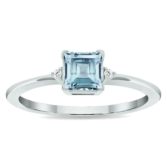 SZUL Women's Princess Cut Aquamarine and Diamond Classic Band in 10K White Gold