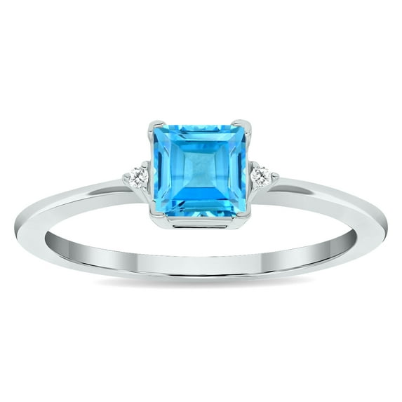 SZUL Women's Princess Cut Blue Topaz and Diamond Classic Band in 10K White Gold