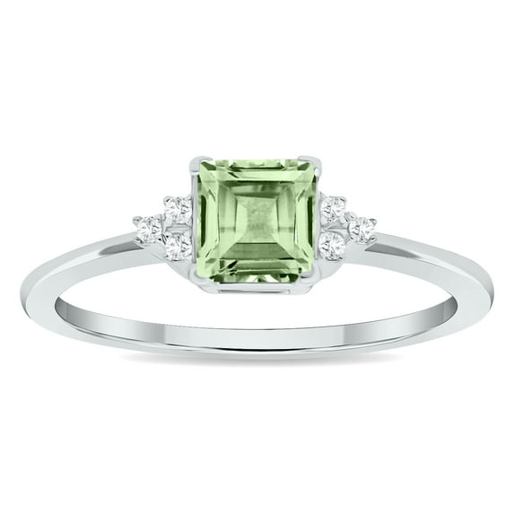 SZUL Women's Princess Cut Green Amethyst and Diamond Half Moon Ring in 10K White Gold