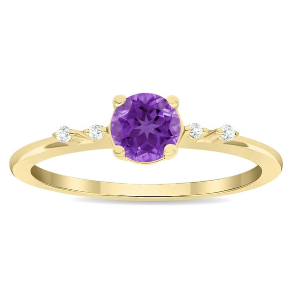 SZUL Women's Round Shaped Amethyst and Diamond Sparkle Ring in 10K Yellow Gold