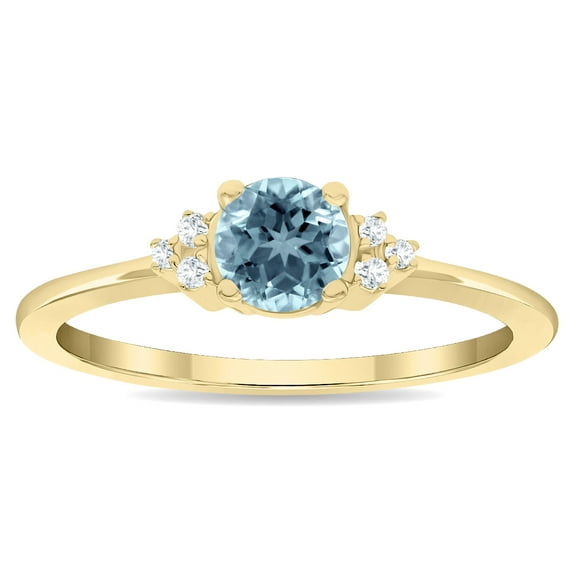 SZUL Women's Round Shaped Aquamarine and Diamond Half Moon Ring in 10K Yellow Gold