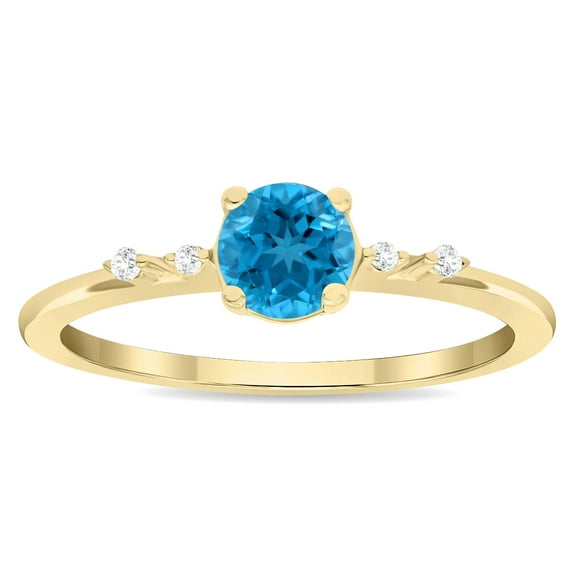 SZUL Women's Round Shaped Blue Topaz and Diamond Sparkle Ring in 10K Yellow Gold