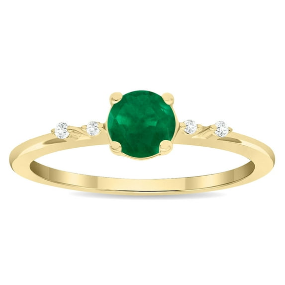 SZUL Women's Round Shaped Emerald and Diamond Sparkle Ring in 10K Yellow Gold