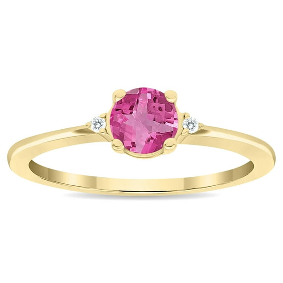 SZUL Women's Round Shaped Pink Topaz and Diamond Classic Band in 10K Yellow Gold