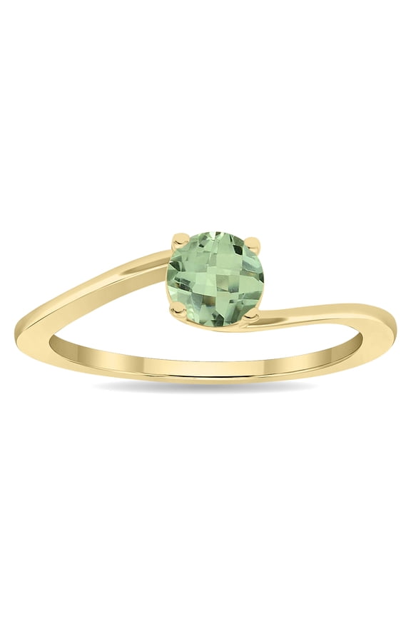 Women's Round Shaped Solitaire Green Amethyst Wave Ring in 10K Yellow Gold