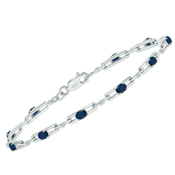 SZUL Women's Sapphire and Natural Diamond Double Bar Link Bracelet in .925 Sterling Silver