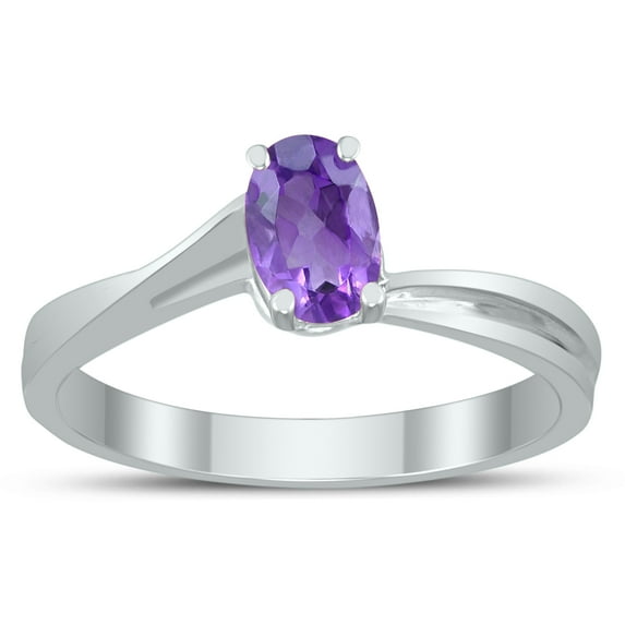 SZUL Women's Solitaire Oval 6X4MM Amethyst Gemstone Twist Ring in 10K White Gold