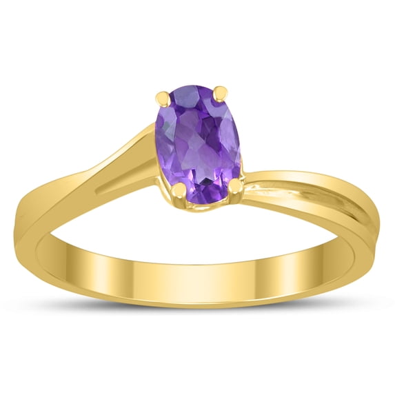 SZUL Women's Solitaire Oval 6X4MM Amethyst Gemstone Twist Ring in 10K Yellow Gold