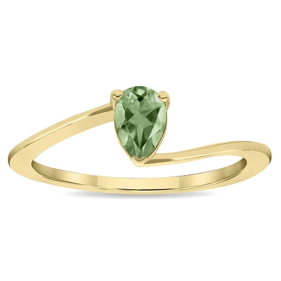 SZUL Women's Solitaire Pear Shaped Green Amethyst Wave Ring in 10K Yellow Gold
