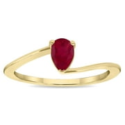 SZUL Women's Solitaire Pear Shaped Ruby Wave Ring in 10K Yellow Gold