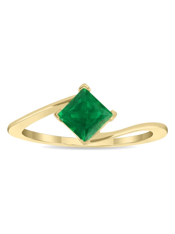 Women's Solitaire Square Shaped Emerald Wave Ring in 10K Yellow Gold
