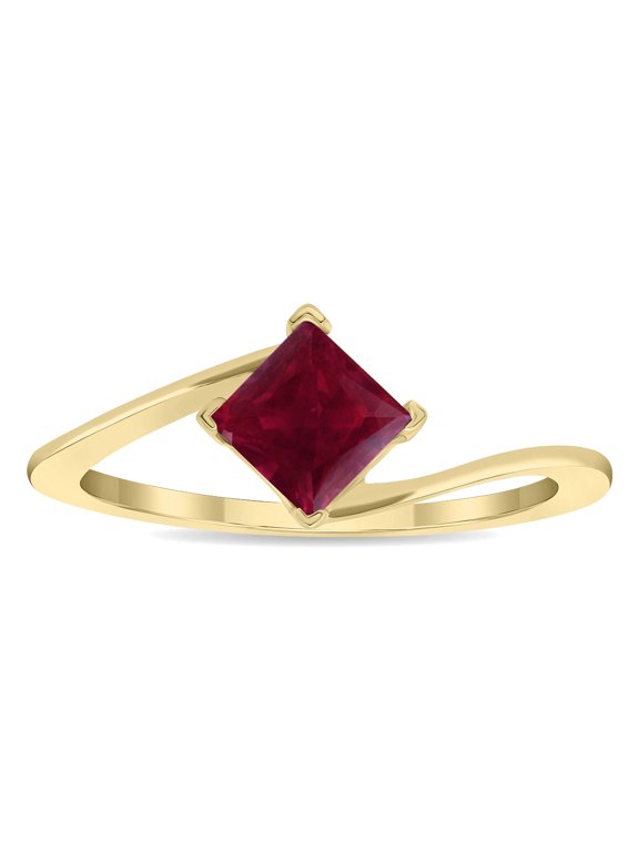 Women's Solitaire Square Shaped Ruby Wave Ring in 10K Yellow Gold