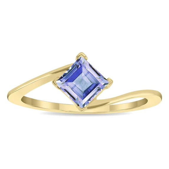 SZUL Women's Solitaire Square Shaped Tanzanite Wave Ring in 10K Yellow Gold