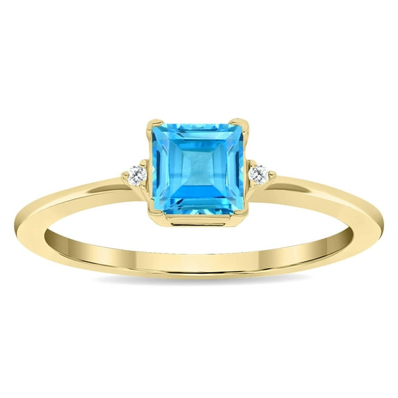 SZUL Women's Square Shaped Blue Topaz and Diamond Classic Band in 10K Yellow Gold
