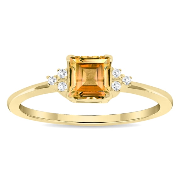 SZUL Women's Square Shaped Citrine and Diamond Half Moon Ring in 10K Yellow Gold