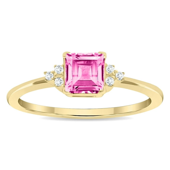SZUL Women's Square Shaped Pink Topaz and Diamond Half Moon Ring in 10K Yellow Gold
