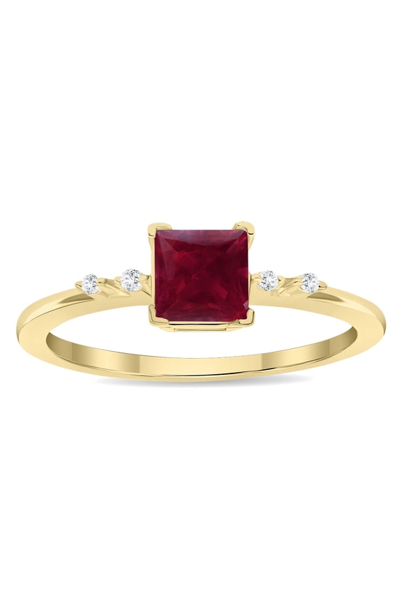 Women's Square Shaped Ruby and Diamond Sparkle Ring in 10K Yellow Gold