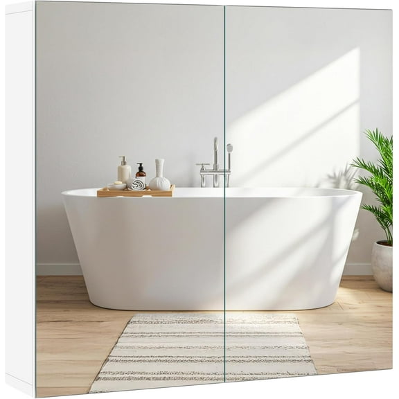 SZWS Bathroom Mirror Cabinet, Medicine Cabinet with 2 Frameless Mirrored Doors, Wall-Mounted Storage Cupboard with Adjustable Shelf for Living Room, Laundry Room, Mudroom