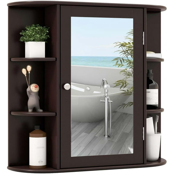 SZWS Bathroom Wall Cabinet with Mirror - Medicine Cabinet w/Door, 6 Open Shelves & Adjustable Shelves, Over The Toilet Storage Cabinet Organizer, Mirrored Bathroom Cabinet Wall Mount (Brown)
