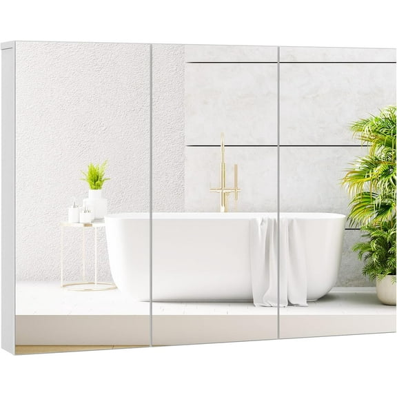 SZWS Mirrored Medicine Cabinet, Large Wide Wall Mounted Storage Cabinet with 3 Mirror Doors & Adjustable Shelf, Hanging Bathroom Organizer, White, 36 x 4.5 x 25.5 Inches