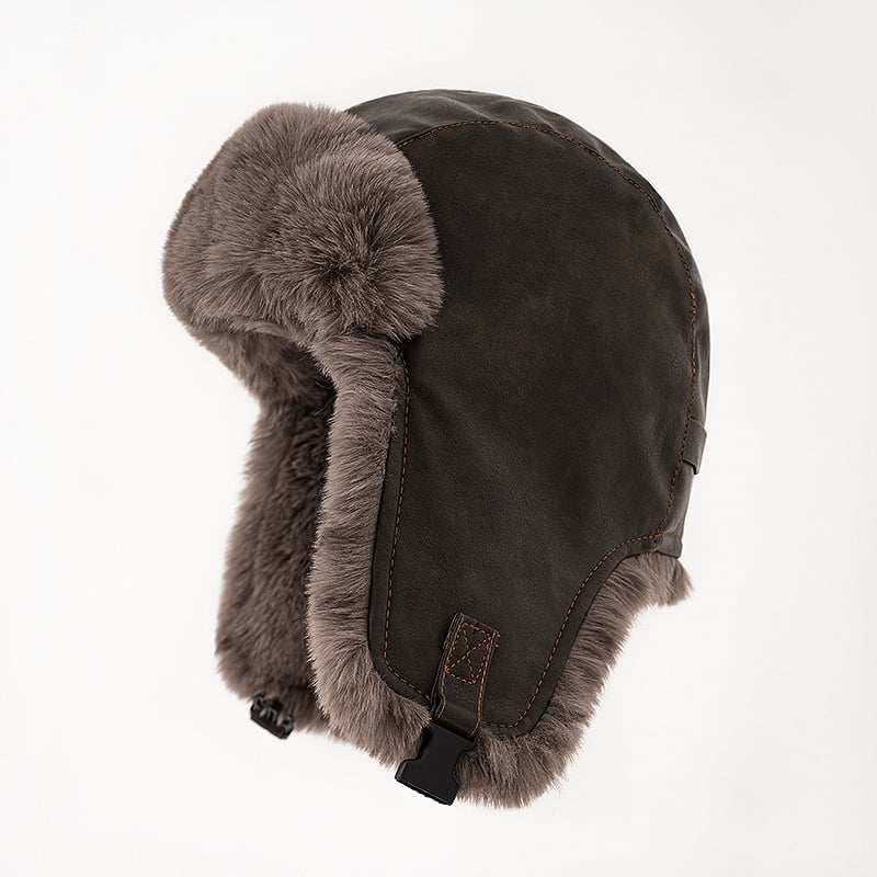 PU Leather Trapper Hat with Faux Fur Lining Winter Aviator Cap Ear Flaps Chin Personalized PU Leather Trapper Hat,custom Embroider Name  main image 4