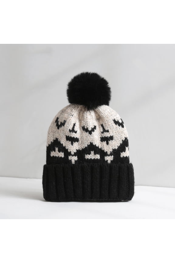 Winter Hats For Men And Women Hair Ball Woolen Hat Women's Eavesless Flanging Autumn And Winter Outdoor Warmth Thick Knitted Hat/Black